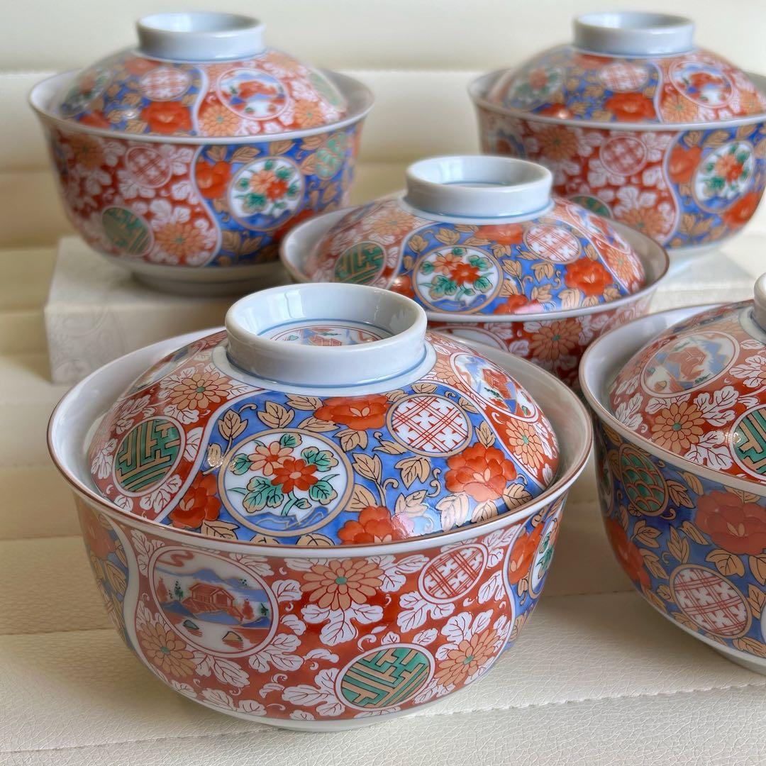 龍峰窯　蓋付きどんぶり揃　5客　丼ぶり　蓋付き碗　色絵　金彩古伊万里　和食器