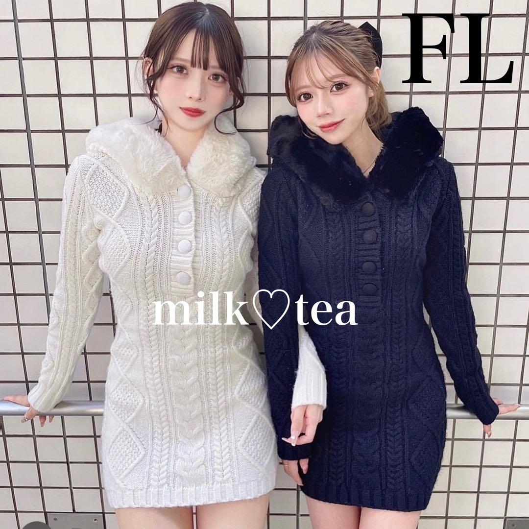 新品タグ付 ダーリッチ フードファーケーブルニットミニワンピース ブラック FL