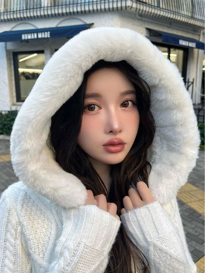 新品タグ付 ダーリッチ フードファーケーブルニットミニワンピース ブラック FL