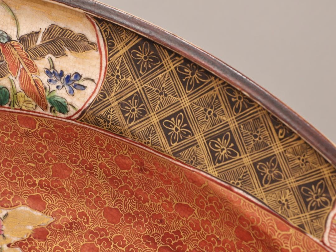 BK439　古九谷青手庄三造乃図　飾皿　二重角福　共箱　大皿　直径58㎝