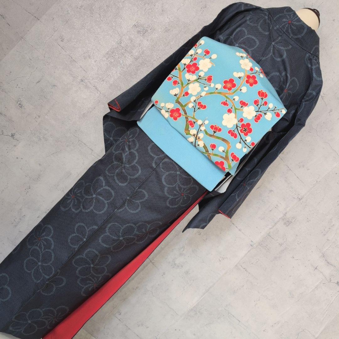 大島紬　フルセット　小紋　着物　正絹　花　帯梅　紺　着物備品　O7