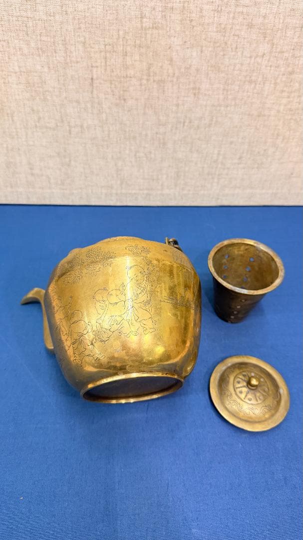 【一点物機能する骨董】古銅 煎茶急須 遊戯図彫刻・完全内筒付実用も楽しめる美品