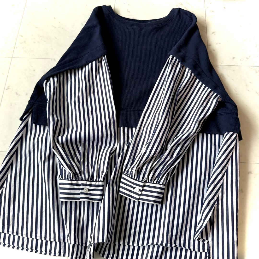 美品 レリアン 大きいサイズ17＋ ドッキングカットソー×ストライプシャツ 紺