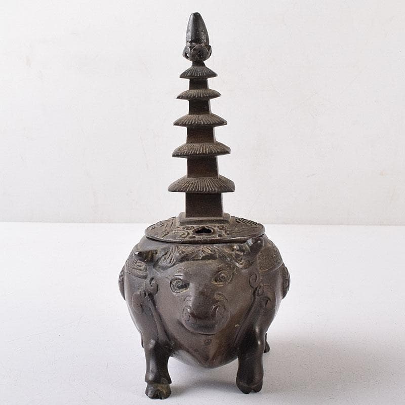 中国　古銅　唐銅　神獣五重塔　香炉　M　R8731