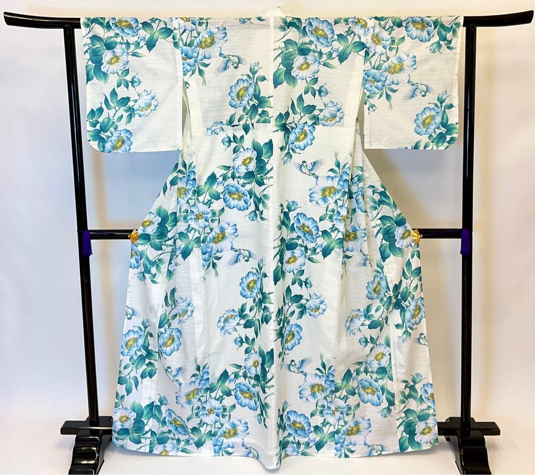 古今　綿絽浴衣　大胆で美しい野薔薇と綺麗なブルーバードの舞