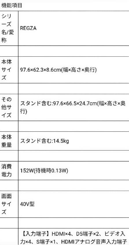 TOSHIBA　REGZA　40インチ　TV