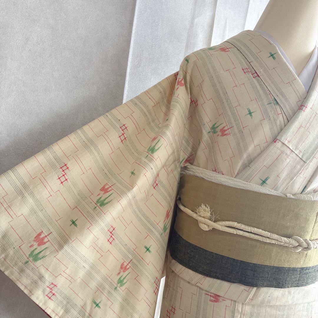 小紋　フルセット　着物　紬　トールサイズ　正絹　琉球絣柄　ナチュラル　J2 2月