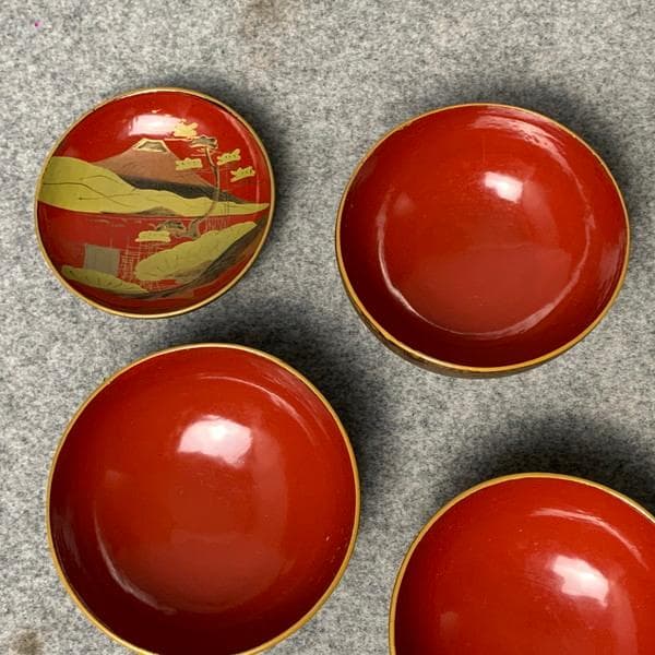 会津塗鉄錆塗木製蒔絵富士山吸物椀4個[B34144]