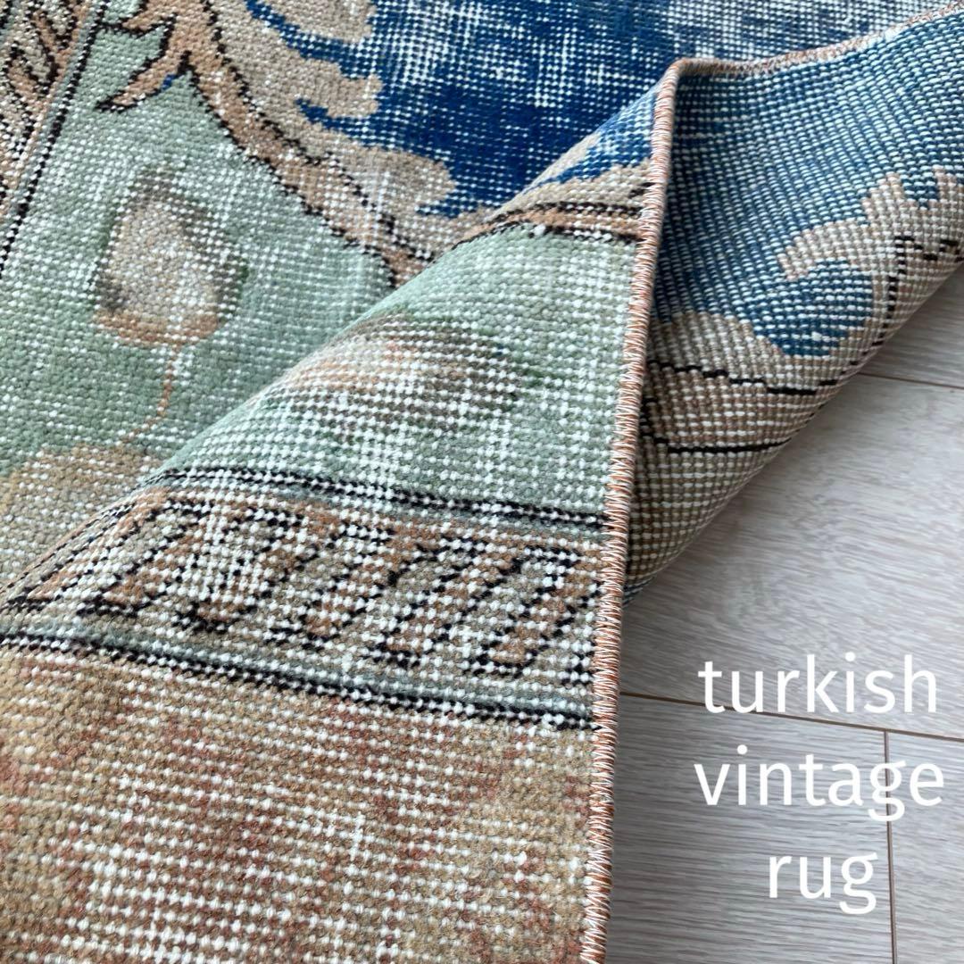 デニムブルー✳︎72×188 ベージュ　ロング　ランナー　トルコヴィンテージラグ