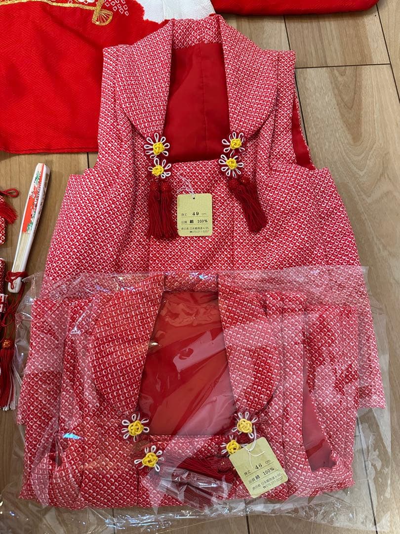 七五三 着物フルセット 正絹　刺繍　赤　被布　3才　女の子