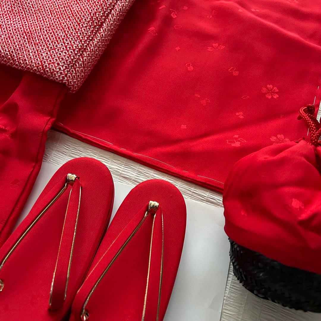 未使用品 七五三 3歳 着物 赤 総絞り 753 絹 被布 三歳 赤 草履 巾着