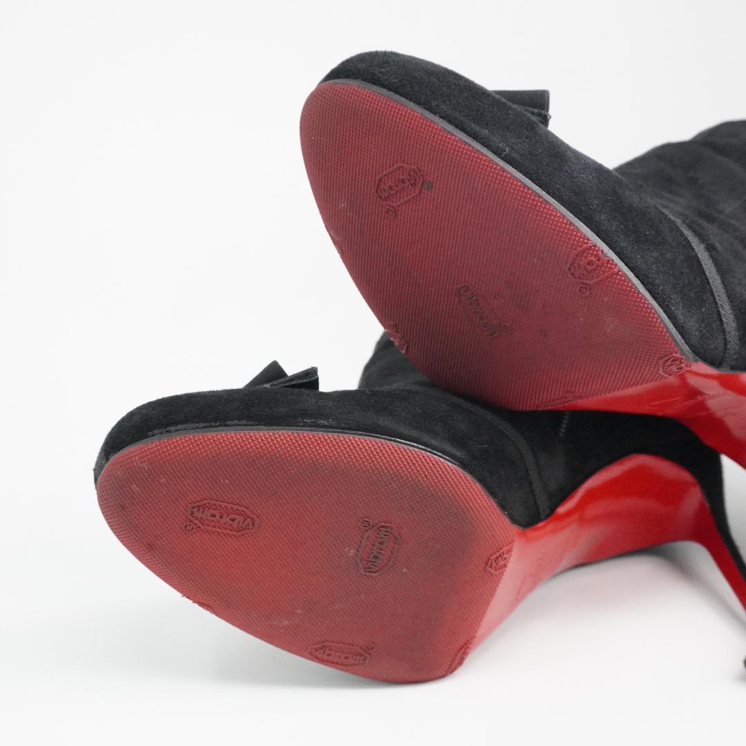 ルブタン 23cm 黒スエードリボン付きブーティ バレンタインデー最適