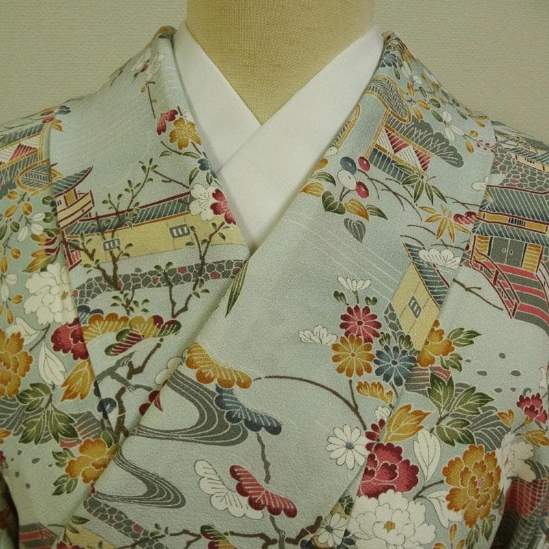 青緑色のぼかしに御所解模様　浜ちりめん　小紋