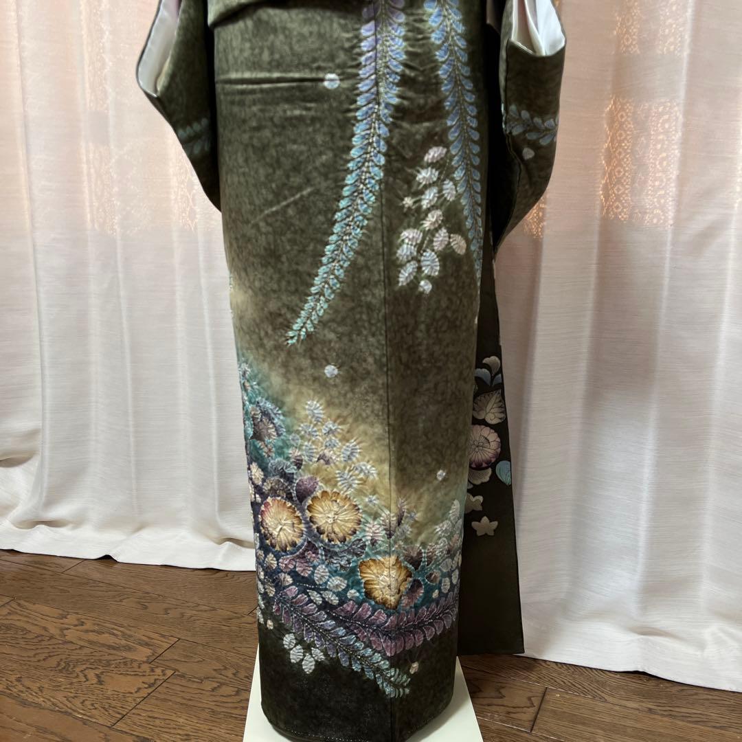 豪華 濃く深い緑からエメラルドグリーンの染め分け 辻ヶ花訪問着 作家物落款あり