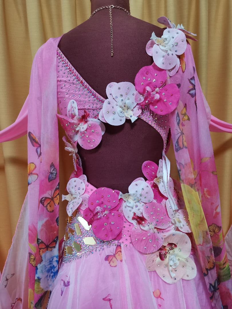 TY社交ダンス スタンダードドレス デモ競技 M　ピンク花柄　豪華