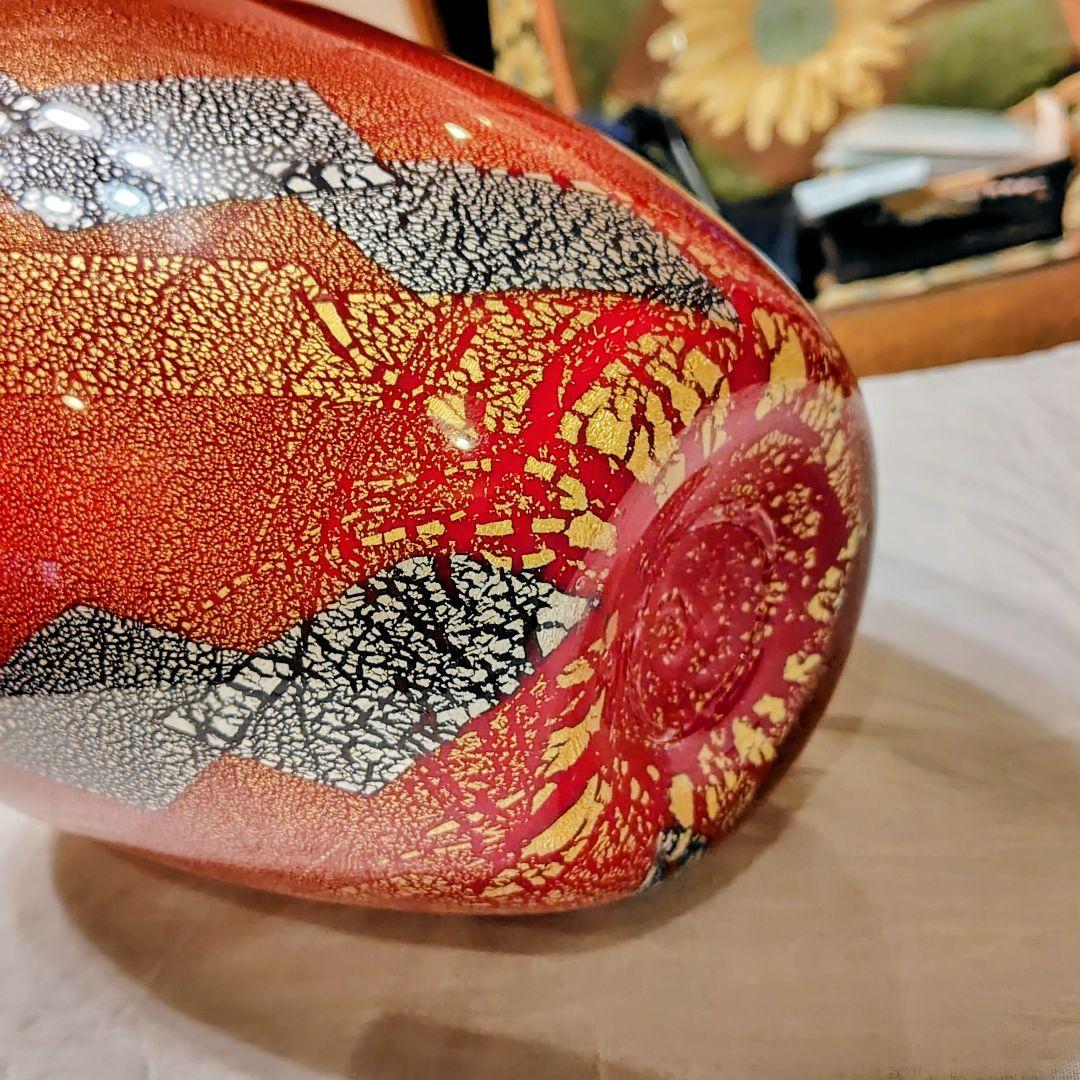 【極美品】琉球ガラス 名工 末吉清一作 大壺 花瓶 共箱・経歴書付 金箔 銀箔