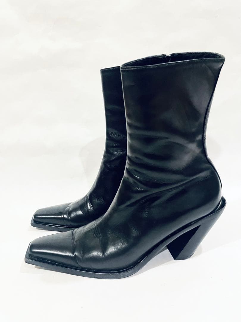 Ann demeulemeester レザー ブラック スクエアトゥブーツ
