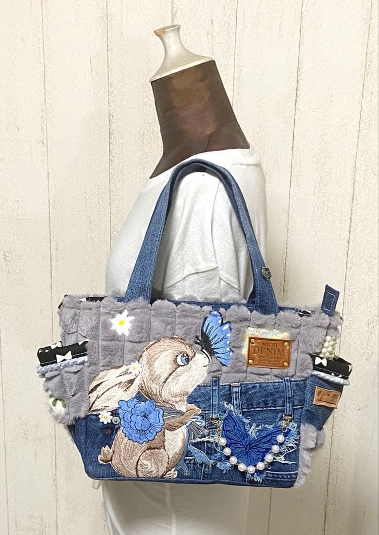 デニムリメイクバック　グレーふわもこ×うさぎ