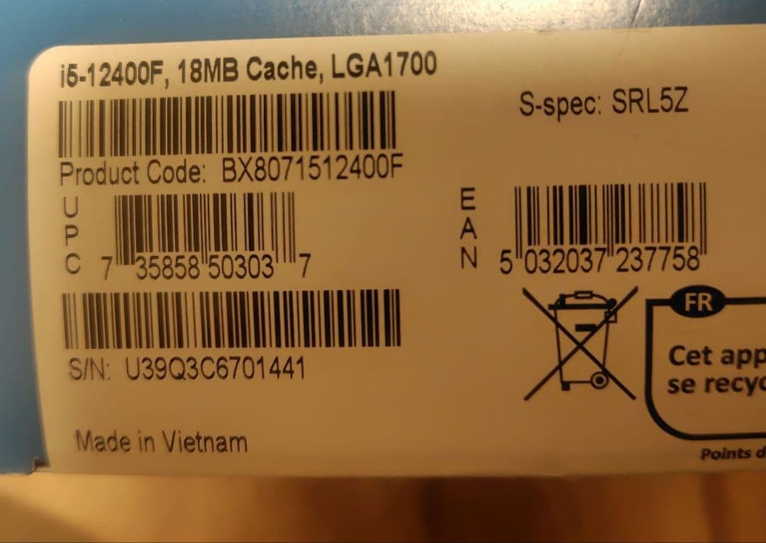 Core i5-12400F CPU LGA 1700 箱、ファンあり