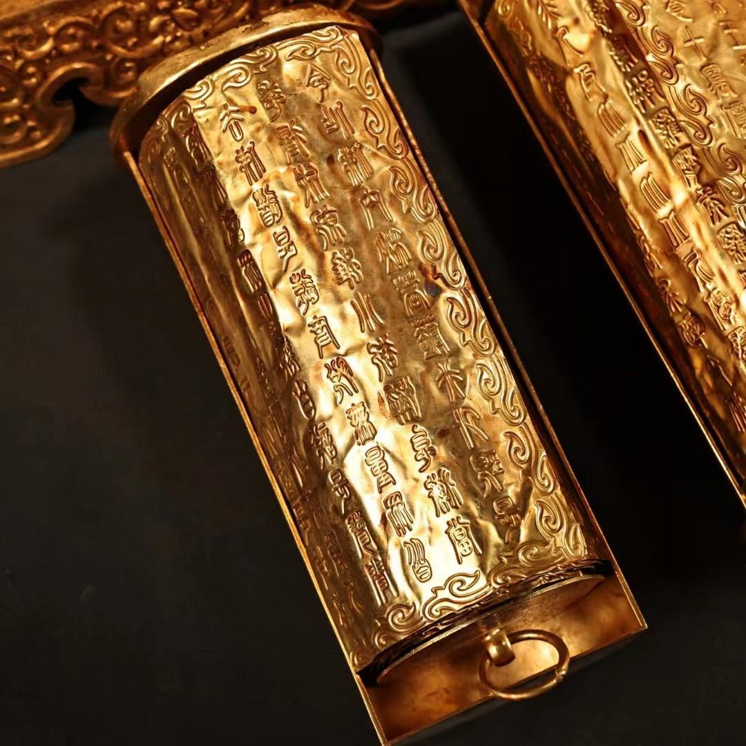 中国古美術・旧藏純銅製の高浮彫鎏金錾彫仏教彫刻経巻経書セット・案頭・置物・文房具
