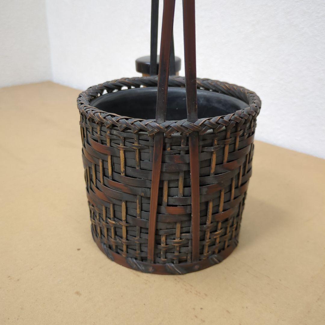 骨董　煙草盆　珍品　編み籠　内側陶器　花入　鉢カバー　手提げ　莨盆