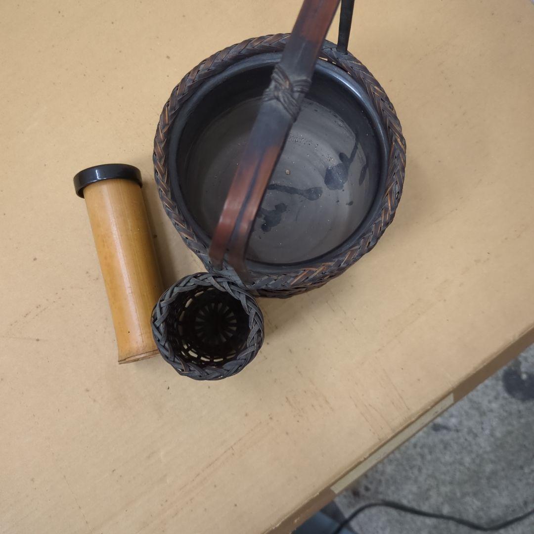 骨董　煙草盆　珍品　編み籠　内側陶器　花入　鉢カバー　手提げ　莨盆