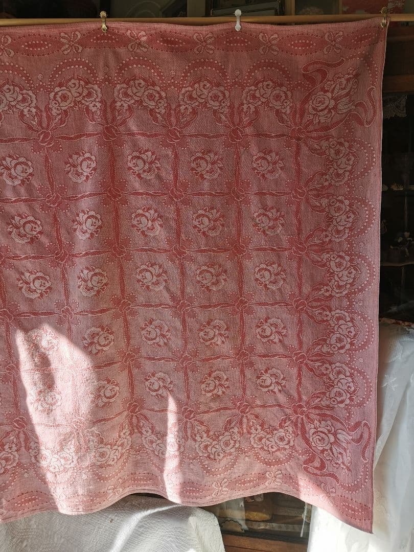 アンティーク フランス ダマスクローズ リボン 大判リネンクロス ダブルフェイス