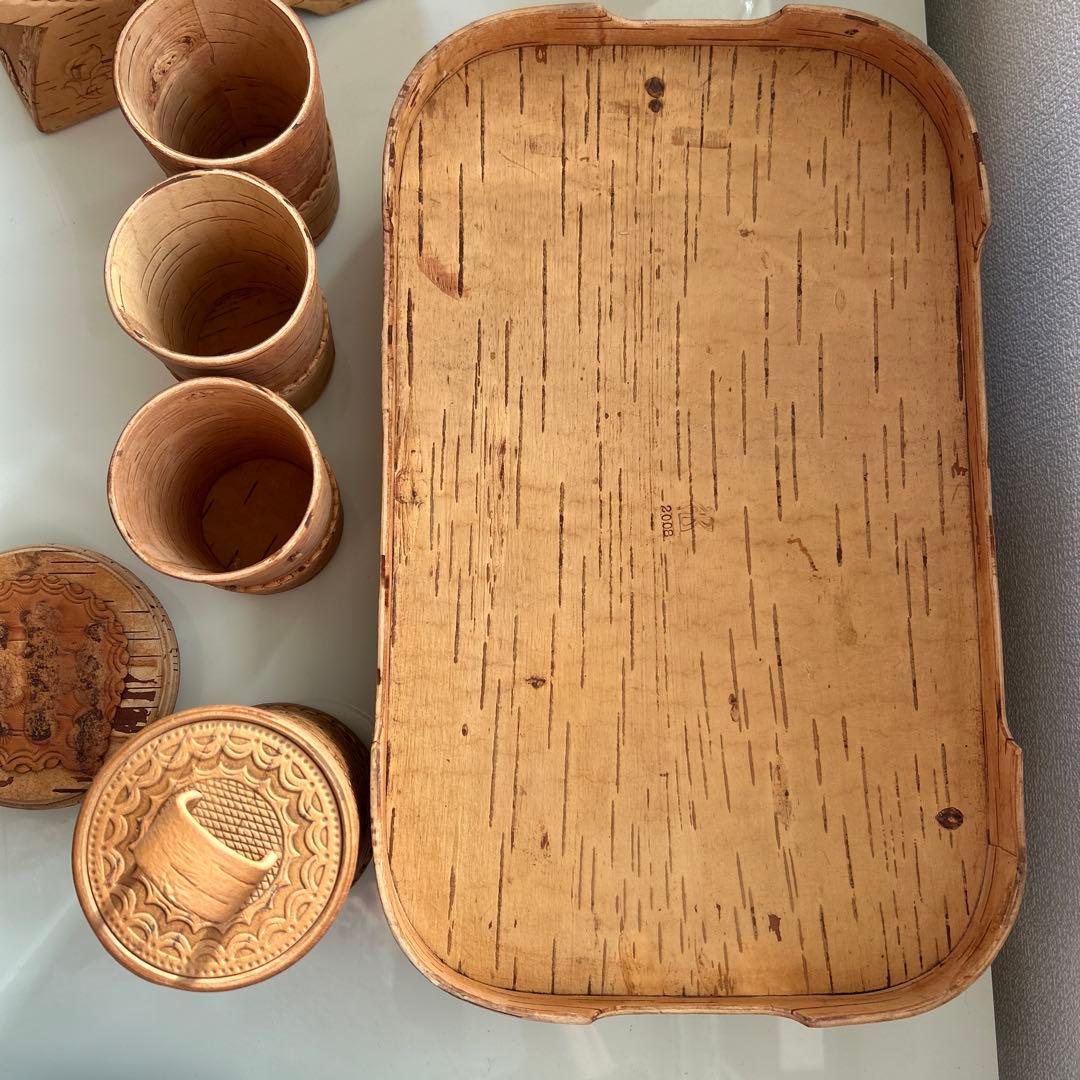 白樺の樹皮で作られたロシアの伝統的な茶器セット 6点セット
