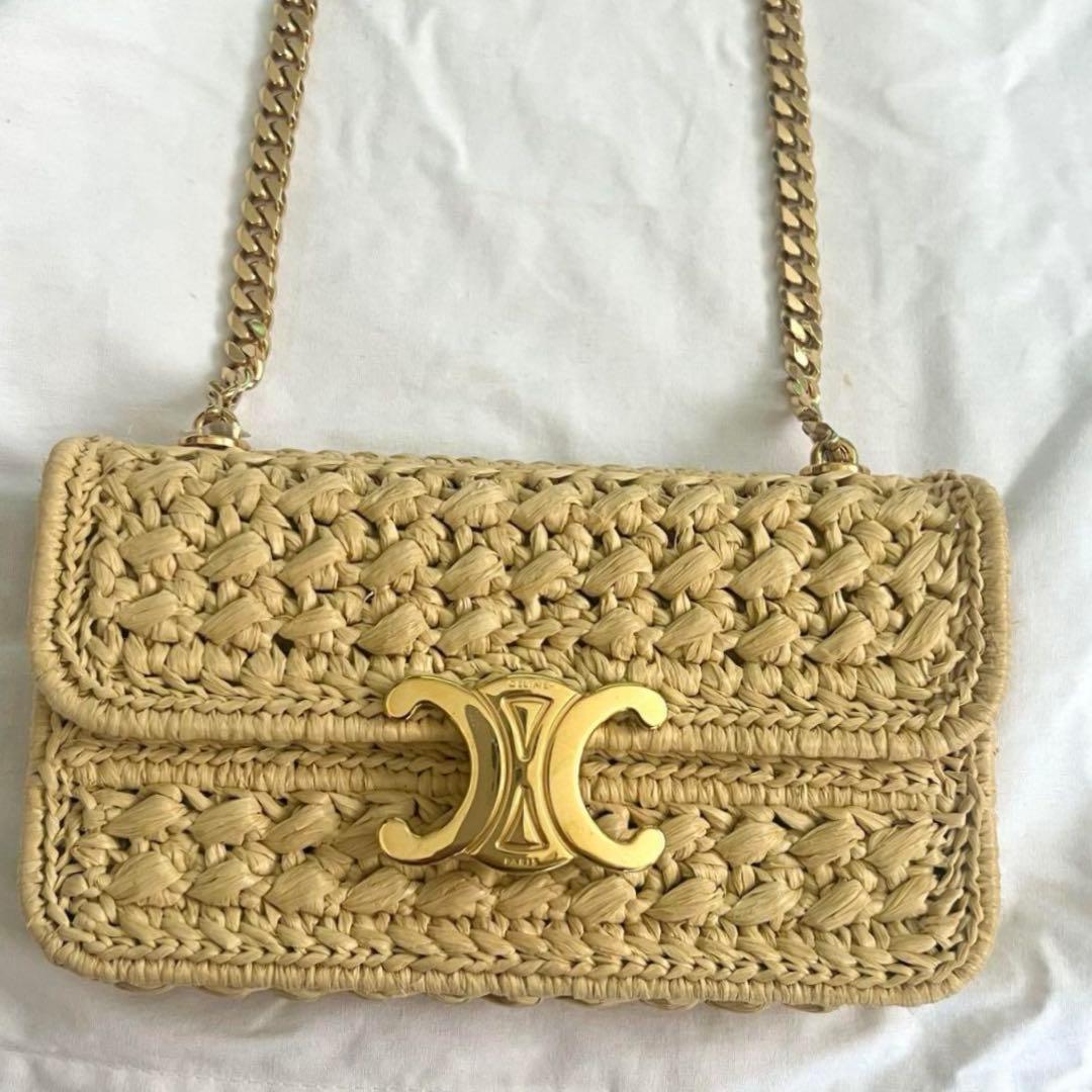 CELINE ラフィアバッグ CLAUDE チェーンショルダーバッグ カゴバッグ