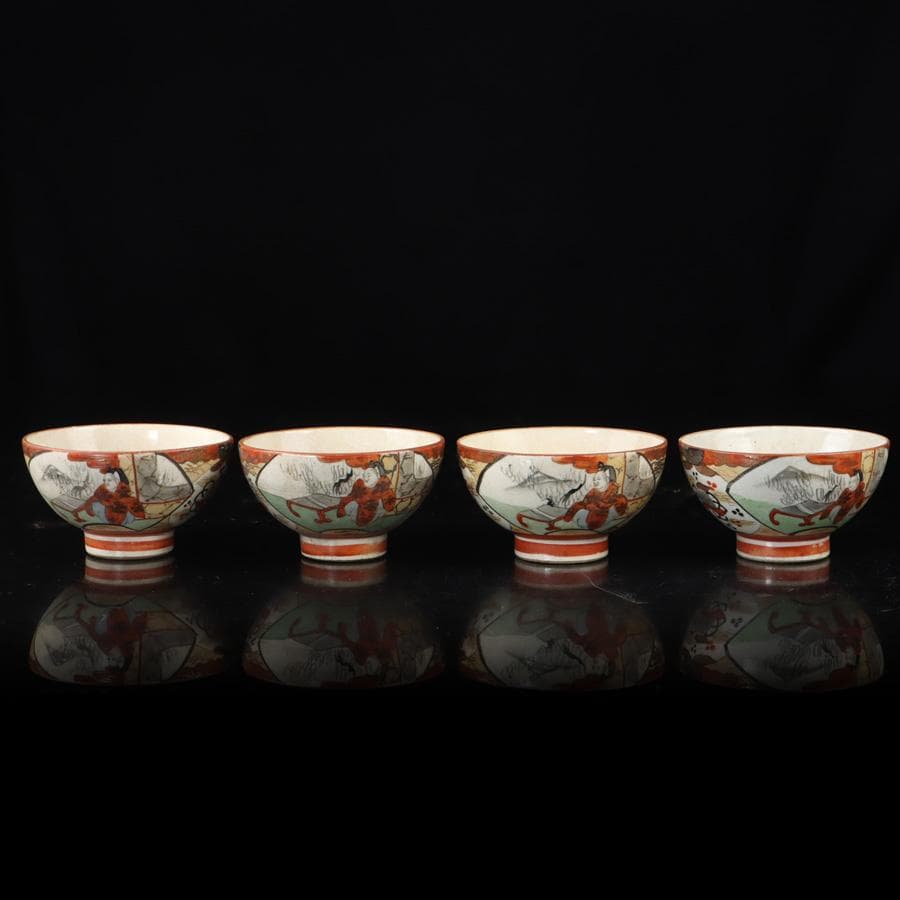 Y3337-1 九谷焼 金彩赤絵 煎茶碗揃 急須・湯冷まし・煎茶碗 共箱　　よ