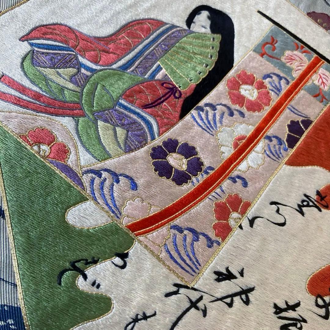 アンティーク名古屋帯　百人一首の刺繍　グレー　大正　正絹　N6-25