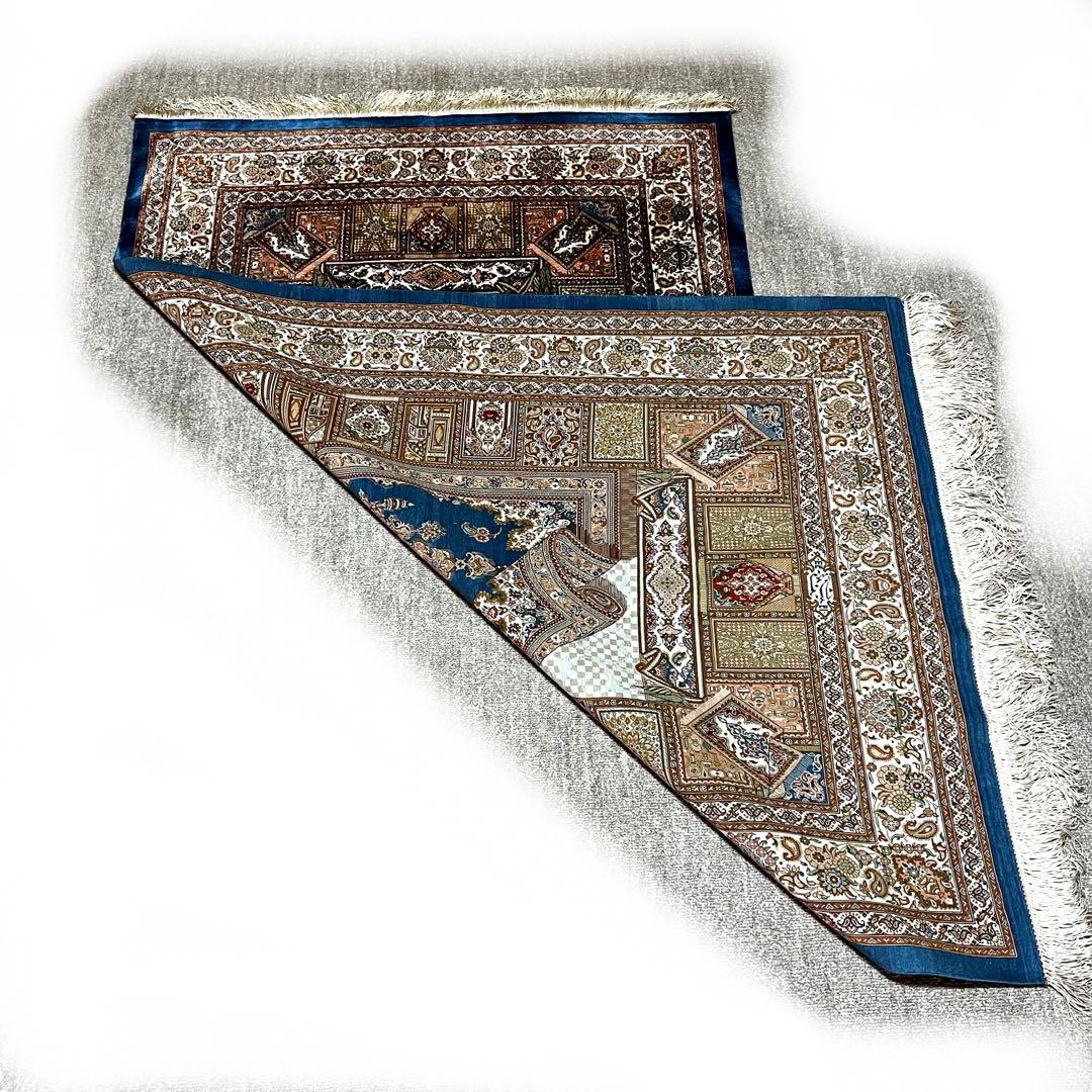 【ペルシャ絨毯】最高級 ジャムシディ クム産 シルク 本物 手織り 高密度 青色