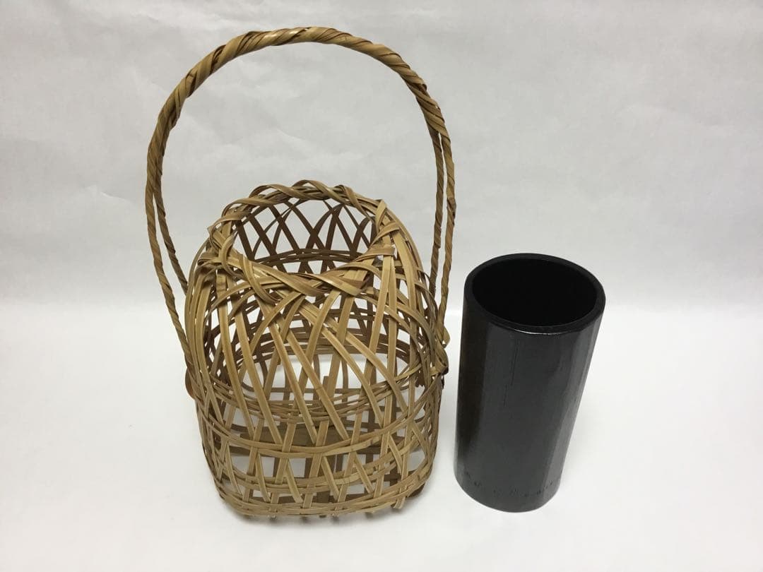 茶道具 古物品 竹花籠 綿摘篭 島田竹宝斉作 木箱入