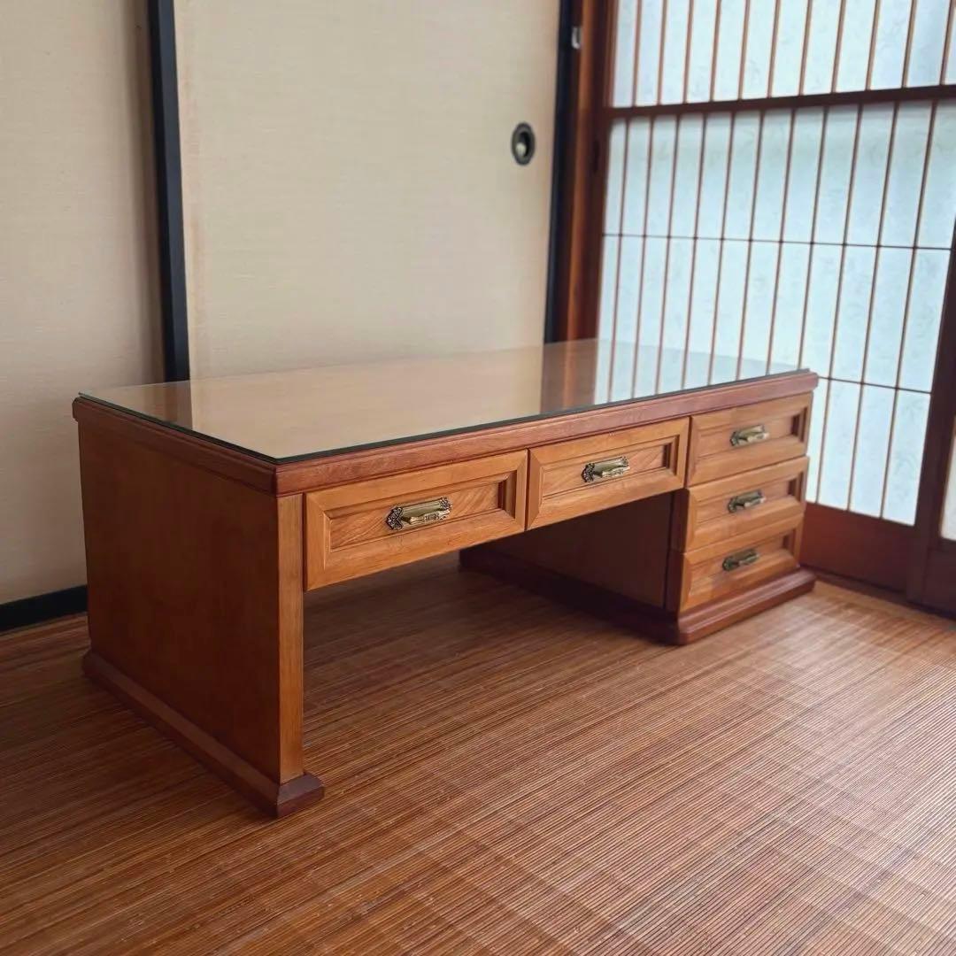 特注品【無垢材×ガラス天板】和モダン デスク ローテーブル 5杯 柿渋×蜜蝋