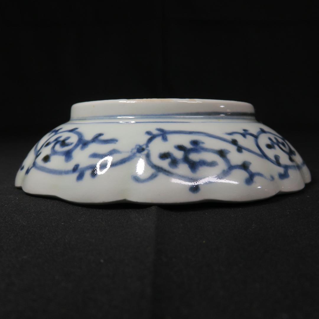 なます皿 3枚 微塵唐草 見込松竹梅 染付 蛇の目 銘 冨貴長春 窯傷