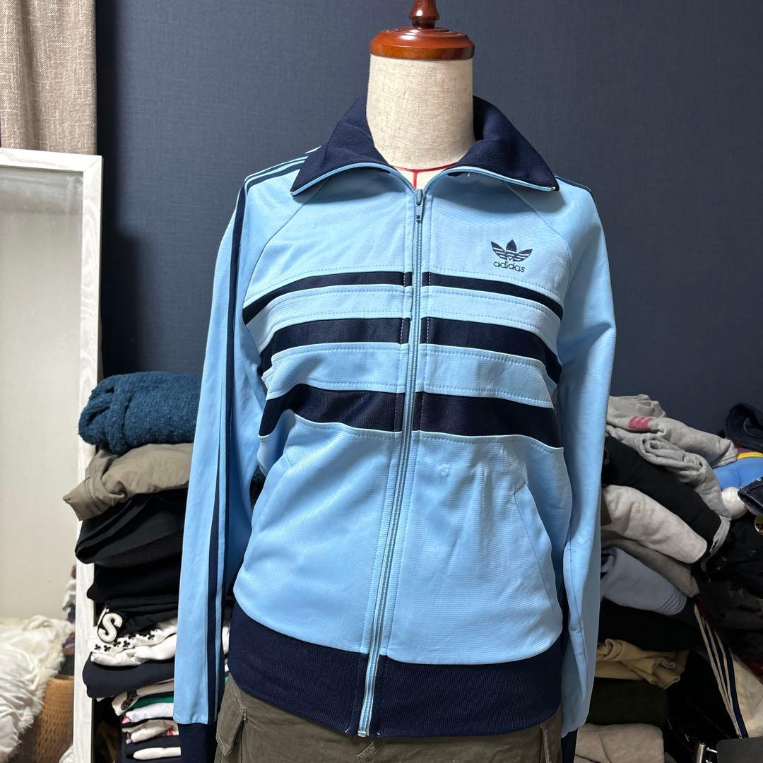 adidas 水色 ストライプ ジャージジャケット ハイネック