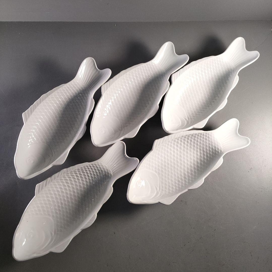 A1374-2/京峰 作/白磁魚文銘々皿5客/大皿/飾皿/盛皿/膾皿/懐石道具/