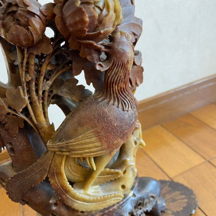 中国 石彫 置物 花鳥図 牡丹 鳳凰 彫刻 台座付き 手彫り オブジェ