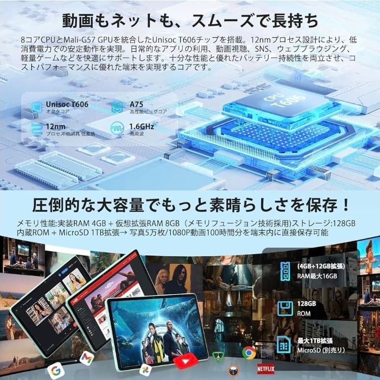 Android15 タブレット 10インチ Wi-Fi 12GB+128GB