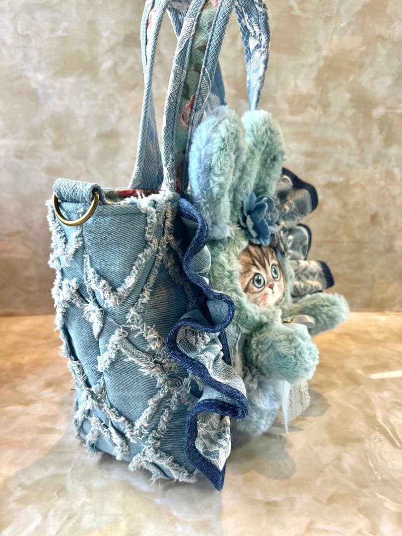 コヤンイサムチョン　レースデニム×ふわふわフリンジデニム　フリルバッグ