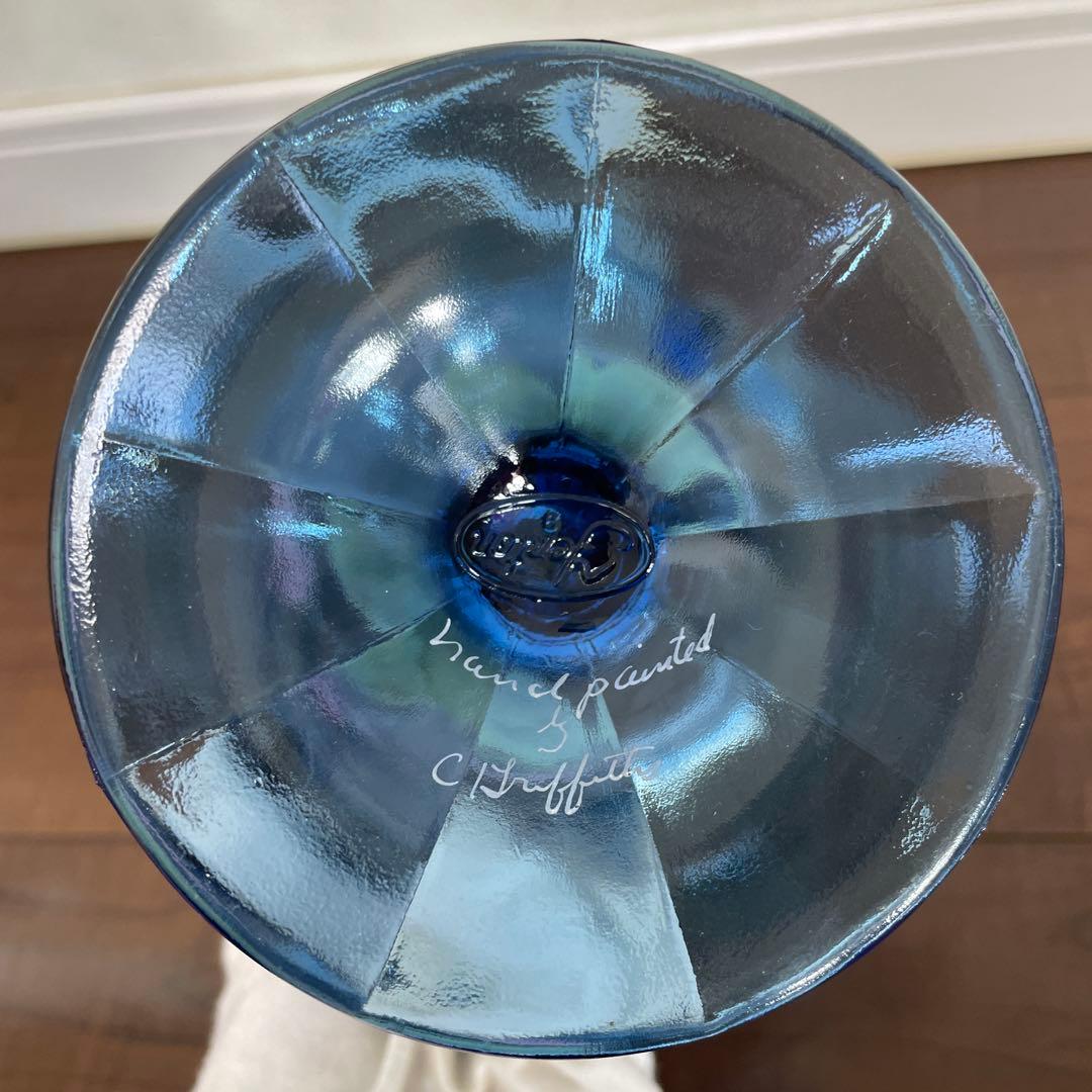 フェントン　ハンドペイント　ブルー チューリップ ガラス バスケット