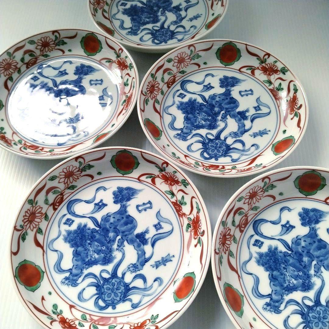 たち吉 橘吉 赤絵 草花丸紋 染付 獅子 古伊万里 中皿 和食器 深皿 5客揃
