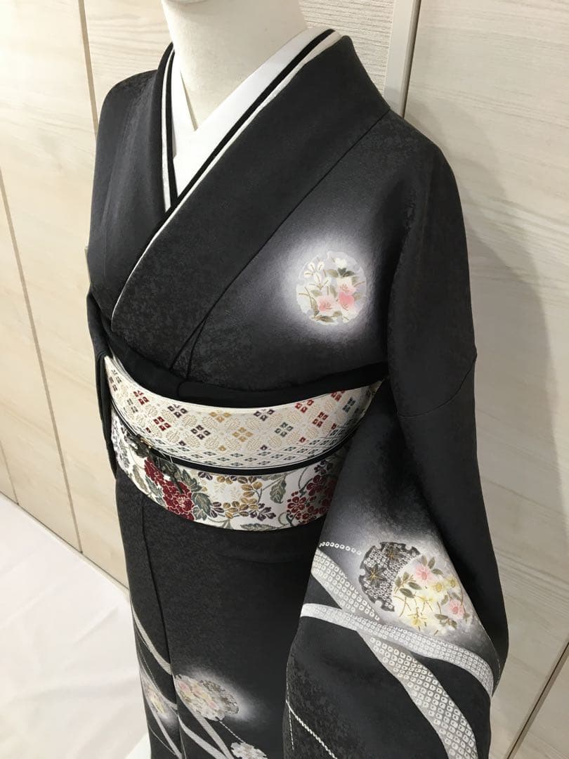 都会的　ドレッシーな【訪問着】正絹　友禅　墨色　裄長め