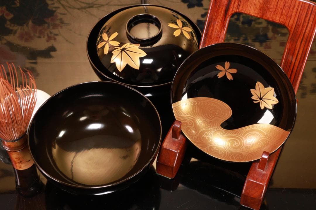 BJ111　時代輪島塗　流水紅葉桜図蒔絵　吸物椀　二客　木製　茶道具 懐石 会席