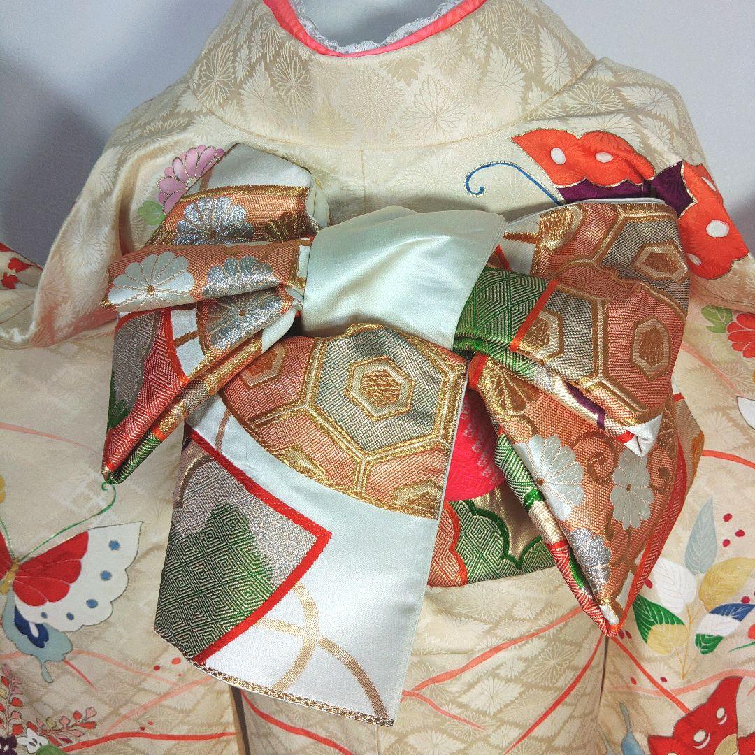 格安！　振袖フルセット　8点　成人式　結婚式　前撮り　蝶々　クリーム色　袋帯　白