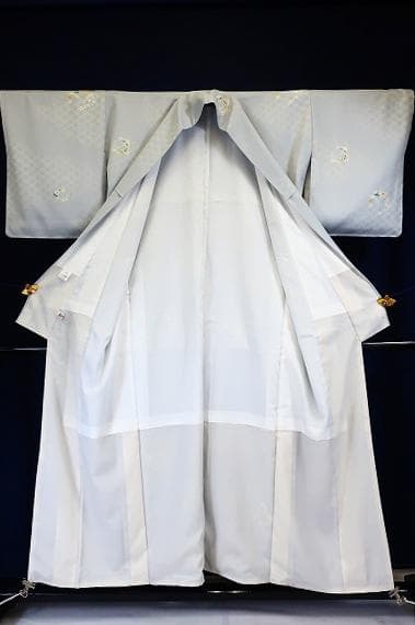 未使用品 小紋 薄いブルーグレー 七宝 菊 洗える着物 化繊 身丈163cm