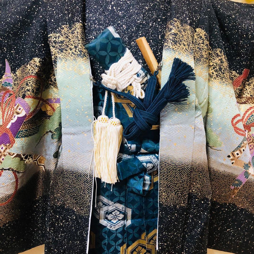 七五三 五歳‼️正絹豪華絢爛黒地金箔ラメキラキラ鷹巻物金彩‼️完全フルセット 揃える