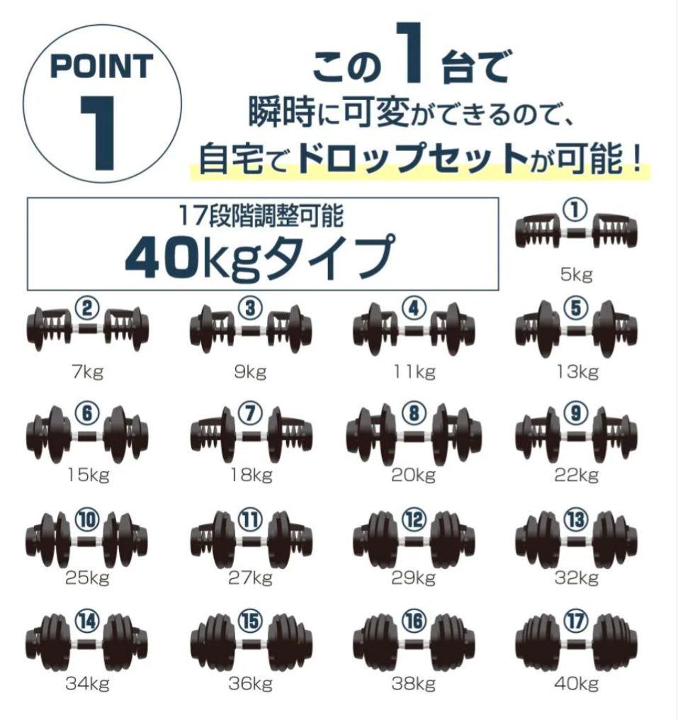 【新品】可変式ダンベル 40kg レッド17段階調整 ドロップセット筋トレ器具
