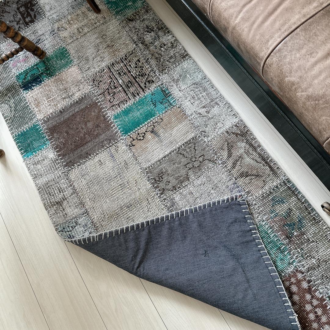 トルコ ヴィンテージラグ A29 高級 レア ターコイズ グレー パッチワーク