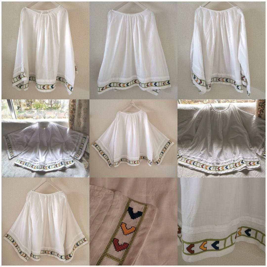 アンティークベルギー ニードルポイント色糸手刺繍 柔らかなファインリネンスモック